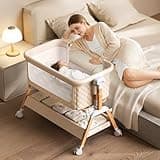 VBSUTO 3 in 1 Baby Bassinet Bedside Sleeper,Bedside/Rocking Bassinet for Baby with Waterproof Comfy Mattress and Lockable Wheels,7 Adjustable Height, Easy Folding Portable Crib for Newborn-Khaki