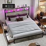 EVBFORU Queen Bed Frame with 2-Tier Storage Headboard and 4 Drawers, Metal Platform Bed Frame with LED & Charging Station, No Box Spring Needed/Noise Free/Easy Assembly, Grey