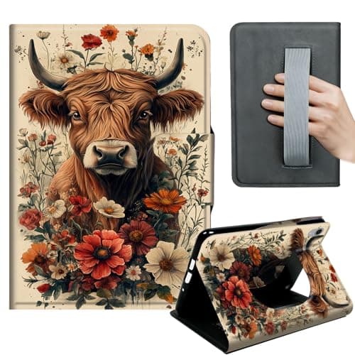 HGGJFLYX Case for iPad mini 7 (A17 Pro) 2024/iPad Mini 6 2021,360 Degree Rotating Multi-Angle Viewing Stand,Hand Strap,Leather Cover for iPad mini 7/6,Auto Sleep/Wake,Highland Cow Florals