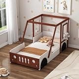 Klaczituj Fun Play Design Twin Size Car Bed, Kids Platform Bed in Car-Shaped for Kids Boys Girls Teens,White+ Orange
