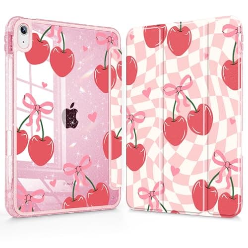Mektron Sparkly Slim Case for iPad Air 11-inch M4/M3/M2 (2026/2025/2024), Glitter iPad Air 5th/4th 10.9 Inch Tablets Cover with Shiny Clear Back Shell Foldable Bling Smart Cover, Cherry Pink Grid
