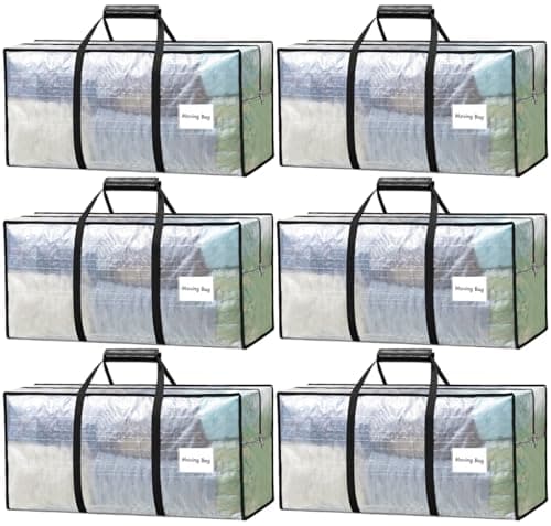 VISVEIL 6 Pack Heavy Duty Moving Bags with Padded Wrap Around Handles-Strengthened Zipper Extra Large Storage Totes for Dorm College Clothes Clear