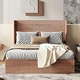 VMU Fluted Queen Size Bed Frame with Lift Up Storage, Mid Century Modern Wooden Platform Bed Frame with Headboard, Hydraulic Lift Storage, No Box Spring Needed, Noise-Free Slat Support, Walnut