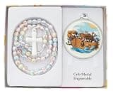 CATHOLIC - WHITE NOAH'S ARK & MULTI ROSARY - WHITE NOAH'S ARK CRIB MEDAL WITH MULTI-COLOR CROSTERLING SILVER ROSARY,