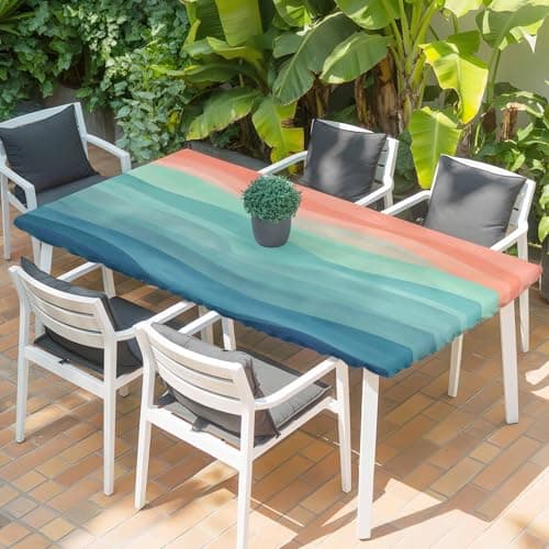 Teal Orange Ombre Rectangle Tablecloth Abstract Art Ocean Waves Gradient Elastic Fitted Tablecloths for Rectangle 4 Foot Tables, Waterproof Picnic Table Cover Table Protector for Outdoor Party 24"x50"