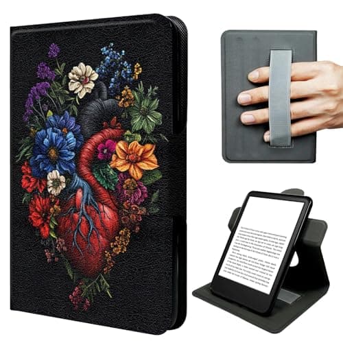 JNFBWULO Case for Kindle Paperwhite 11th Generation (6.8" 2021) & Signature Edition, 360° Rotating Stand Cover with Hand Strap, Auto Sleep Wake Protective Folio – Colorful Flowers Heart