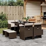 KLGBNCVE 9 Piece Patio Dining Set with Cushions, Brown Poly Rattan Outdoor Furniture with Folding Chairs and Tempered Glass Table