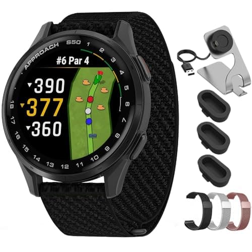 Garmin Approach S50, Advanced Golf GPS Smartwatch, AMOLED Display, On-Course Features, Slate Aluminum Bezel with Black ComfortFit Nylon Band - Bundle w/Deco Essentials 20mm Milanese Bands & Dock