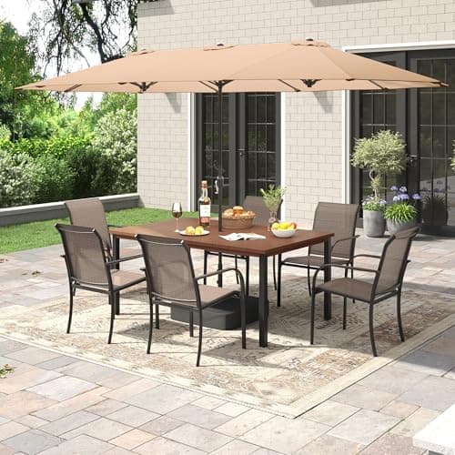 ARKOST 8 Pieces Outdoor Dining Set, Stackable Textilene Paito Chairs & 63" Rectangle Dining Table with Umbrella, Patio Dining Set for Backyard, Deck, Garden, Brown & Walnut