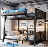Bellemave Bunk Bed Twin Over Twin with LED, Heavy Duty Metal Bunk BedFrame with Storage Shelves and Lights, Black