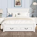 Queen Size Farmhouse Bed with LED Lights & Storage Drawers - White