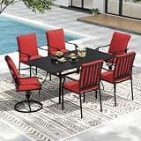 7 Piece Outdoor Patio Dining Set, 62’’ Rectangular Metal Dining Table with Umbrella Hole & 4pcs Outdoor Metal Dining Chairs & 2pcs Patio Swivel Rocking Chairs , Outdoor Furniture Dining Set for Patio