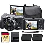 Canon EOS M6 Mark II Mirrorless Camera with 15-45mm Lens (Silver) Bundle | 32.5MP APS-C Sensor, Dual Pixel CMOS AF, 4K Video & High-Speed | for Travel & Content (3612C011) + 64GB Card + More