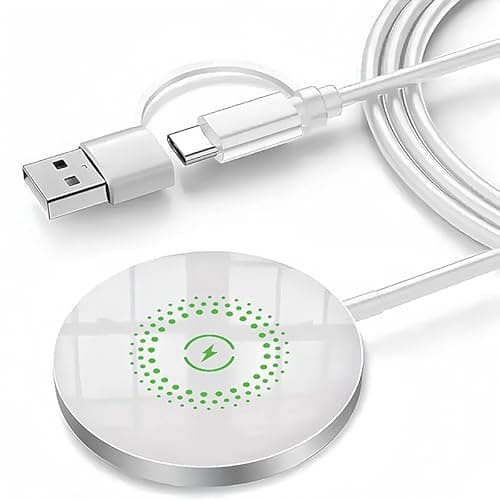 15W Magnetic Wireless Charger, Ultra-Thin Charging Pad with USB-A & USB-C 2-in-1 Cable, Fast Wireless Charging Station Compatible with Mobile Phones, White