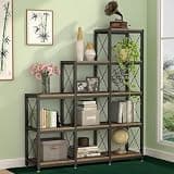 LOVEZOE 9 Cube Stepped Ladder Bookshelf, Corner Etagere Bookcase for Home Office Living Room, Metal Frame and Particle Board, Vintage Wood Grain