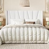 SHA CERLIN King Size Velvet Bed Frame with Geometric Wingback Headboard, Upholstered Platform Bed with, 8" Under-Bed Space, No Box Spring Needed, Easy Assembly, White