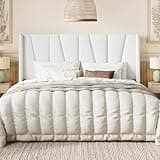 SHA CERLIN King Size Velvet Bed Frame with Geometric Wingback Headboard, Upholstered Platform Bed with, 8" Under-Bed Space, No Box Spring Needed, Easy Assembly, White