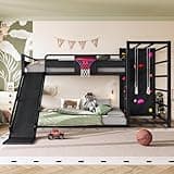 Zifone Full Size Metal Loft Bed Frame with Slide, Basketball Hoop, Pull-Up Rings, Climbing Wall and Built-in Bookshelves, Black