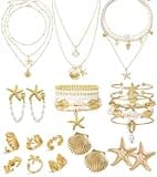 Vieyomn 32 Pcs Starfish Seashell Jewelry Set for Women Layer Necklace Bracelets Stackable Shell Starfish Rings Stud Earrings Pearl Beach Vacation Accessories