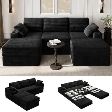 107" U Shaped Modular Sectional Sofa with Storage,Boneless Modular Couch with Deep Seats,Corduroy Cloud Comfort Sectional Couch for Living Room,Apartment,Family Lounge,5-Seater,17.7" High Back,Black