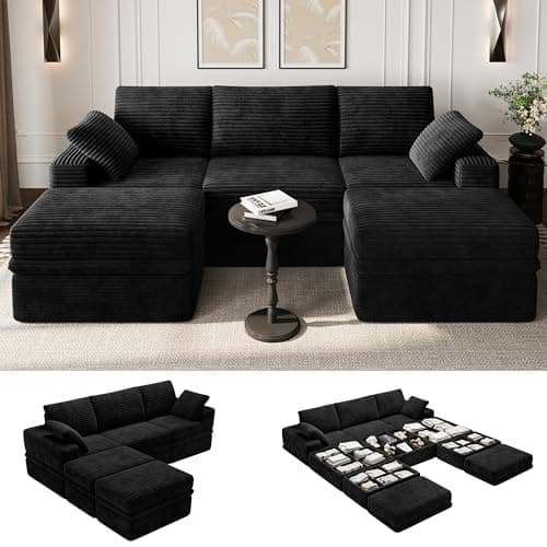 107" U Shaped Modular Sectional Sofa with Storage,Boneless Modular Couch with Deep Seats,Corduroy Cloud Comfort Sectional Couch for Living Room,Apartment,Family Lounge,5-Seater,17.7" High Back,Black