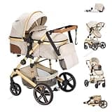 Kakbgee 2 in 1 Baby Stroller, Convertible Pram to Pushchair, Height-Adjustable Handle, Foldable & Reversible Stroller, PU-Wheel, High Landscape Pram for Newborn to Toddler 0-36 Months, 18KG, Beige
