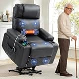 Brage Living Power Lift Recliner Chair for Elderly with Massage & Heat, PU Leather Electric Recliner with USB Charge Port, 160° Adjustable Recline, Stand Assist, Remote Control, Cup Holders (Black)