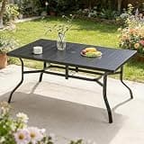 IPAIREN Outdoor Dining Table for 6, Powder-Coated Steel Slat Top with 2.16" Umbrella Hole, All-Weather Black Patio Table for Garden Poolside Backyard