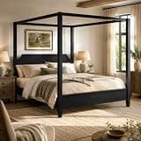 Clyrava Queen Wooden Canopy Bed, Platform Canopy Bed Frame with Headboard, Strong Wooden Slat Support, No Box Spring Needed, Easy Assembly, Black