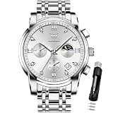 OLEVS Watch for Men Diamond Business Dress Analog Quartz Stainless Steel Waterproof Luminous Date Two Tone Luxury Casual Wrist Watch Silver