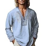 Men's Linen Cotton Shirts Vintage Ethnic Floral Long Sleeve V Neck Tops Boho Trendy Casual Beach Fall T-Shirts Blue
