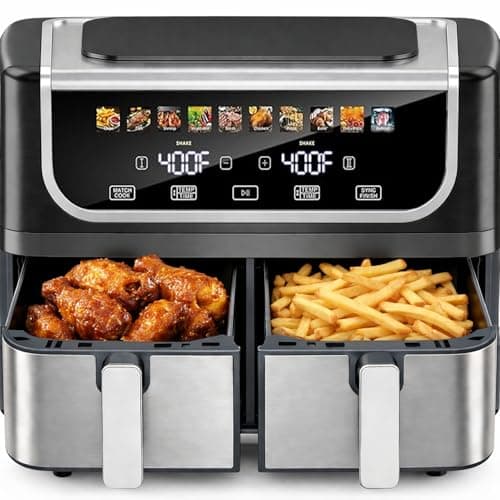 Simple Deluxe 9.5-Qt Dual Basket Air Fryer, 10-in-1 Digital Preset 1700W Airfryer, Sync Cook, Independent Temp Control, Shake Reminder, Nonstick Basket, Black
