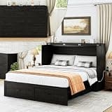 CayugaCrekrd Full Murphy Bed with Storage & Charging Station, Farmhouse Murphy Cabinet Bed with Large Drawer, Hideaway Foldable Platform Bed for for Guest Room, Bedroom, Home Office, Black