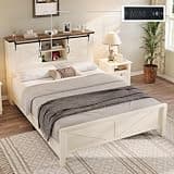 LUXOAK Queen Size Farmhouse Platform Bed, Storage Bookcase Headboard with Sliding Barn Doors, Built-in Charging Station & Adjustable Shelves, Sturdy Frame, No Box Spring Required, Antique White