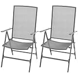 NKOPPFG Steel Gray Reclining Patio Chairs 2 Pcs, Mesh Metal Folding Chairs with 6-Position Adjustable Backrest for Garden