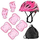 Adjustable Protective Helmet Kids Protective Gear Knee Elbow Pads Wrist Guard Outdoor Sports Safety Bike Scooters Skateboards (Pink)