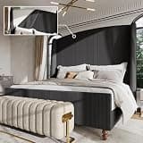 Ihanherry 66" Extra Tall King Size Bed Frame with Wingback Headboard, Soft Removable Corduroy Cover, Solid Wood Legs, No Box Spring Needed, Noise-Free Platform Bed, Modern, Black