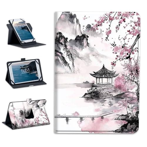 Universal Tablet Case Tablet Cover 360-Degree Rotation Viewing Stand Folio PU Leather Covers for All Kinds of 10.5-11.5Inch Android/iOS/Windows Tablets Cases,Cherry Blossom Pavilion