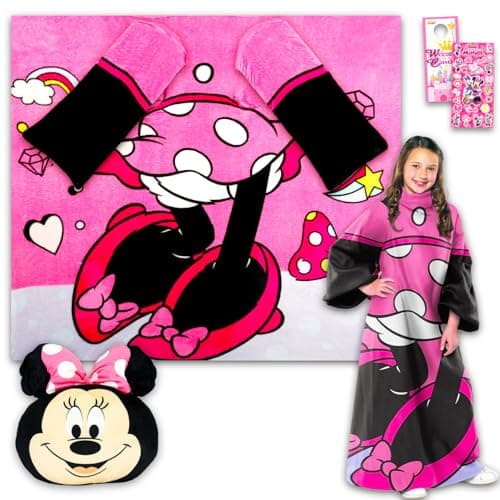 Disney Minnie Mouse Travel Blanket and Pillow Set - Bundle Blanket with Sleeves, Round Cloud Pillow, Stickers, More | Minnie Mouse Travel Accessories for Kids, Girls