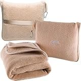 BlueHills Premium Soft Travel Blanket Pillow Airplane Blanket Packed in Soft Bag Pillowcase with Hand Luggage Belt Backpack Clip Compact Pack Large Portable Flight Throw Beige T005