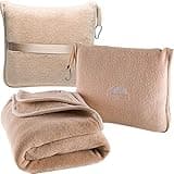 BlueHills Premium Soft Travel Blanket Pillow Airplane Blanket Packed in Soft Bag Pillowcase with Hand Luggage Belt Backpack Clip Compact Pack Large Portable Flight Throw Beige T005