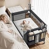 GAIVE 4 in 1 Baby Bassinet, One-Push Setup Pack and Play, Bedside Crib Sleeper with 3 Height Adjustable,Diaper Changer, Come with Comfy Mattress, Rotating Toy Bar, from Infants to Toddlers (Black)