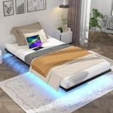 Aelawe Floating Bed Frame Twin Size with LED Lights and Charging Station, Metal Platform Bed, Easy Assembly No Box Spring Needed