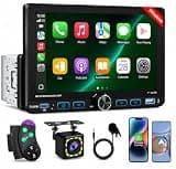 7" Single Din Car Stereo with Wireless Apple CarPlay,IPS Touchscreen,Bluetooth 5.2 Car Radio with Backup Camera,FM/AM/RDS,Android Auto,SWC,GPS Navigation,USB,Type-C Fast Charging,MIC