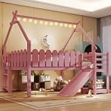 Bellemave Full Size Kids Low Loft Bed with Slide,House Loft Bed with LED Lights and Ladder,Solid Wood Girls Loft Bed Frame with Round Guardrails for Girls Boys,Pink