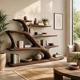PREAUREUM Sculptural Curved Bookcase, Solid Wood Modern Display Shelf with Open Storage for Living Room Interior, Office & Decor