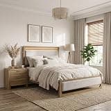 Furniture of America Daelin Modern Solid Wood 2-Piece Bedroom Set with Upholstered Headboard, LED Warm Light, Metal Center Glide on Nightstand, Box Spring Needed for Bedroom, Queen, Natural