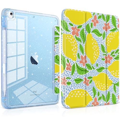 MEEgoodo Case for iPad 10.2 inch(9th Generation 2021/8th Gen 2020/7th Gen 2019), Glitter Tablet Cases with Transparent Acrylic Back+Trifold Stand+Pencil Holder+Auto Wake/Sleep,Lemon Fruit Pattern
