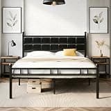VECELO Queen Bed Frame, Upholstered Platform Beds with PU Leather Headboard, Strong Metal Slats Support, Noise-Free, No Boxing Spring Needed, Black Vegan Leather