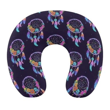 U-Shaped Travel Pillow Memory Foam Neck Rest, Floral Feather Flower Dream Catcher U-Shape, Washable Car Airplane Support